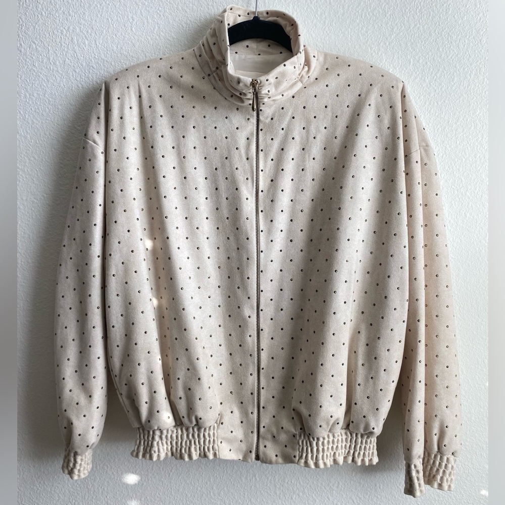 Cream Polka Dot Zip-Front Jacket